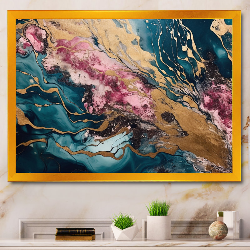 Exploration des profondeurs de la géode dorée rose II - art mural abstrait en marbre pour le salon, Cadre flottant doré