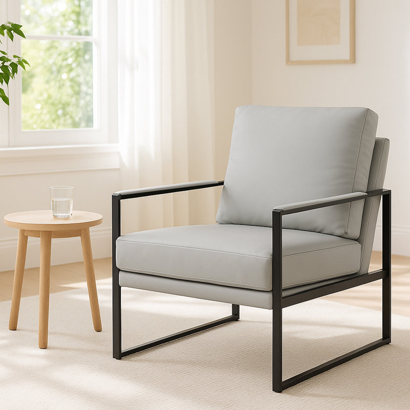 Jhaniah Accent Chair, Modern Armchair with Metal Frame, Leather Sofa Chair, Upholstered Lounge Sofa, Gray Faux Leather