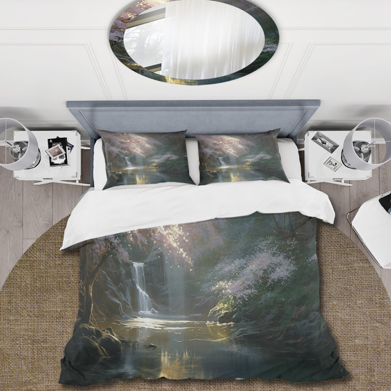 Ensemble de housse de couette Cherry Blossom Stream II Bed, Housse de couette pour grand lit et 2 taies décor