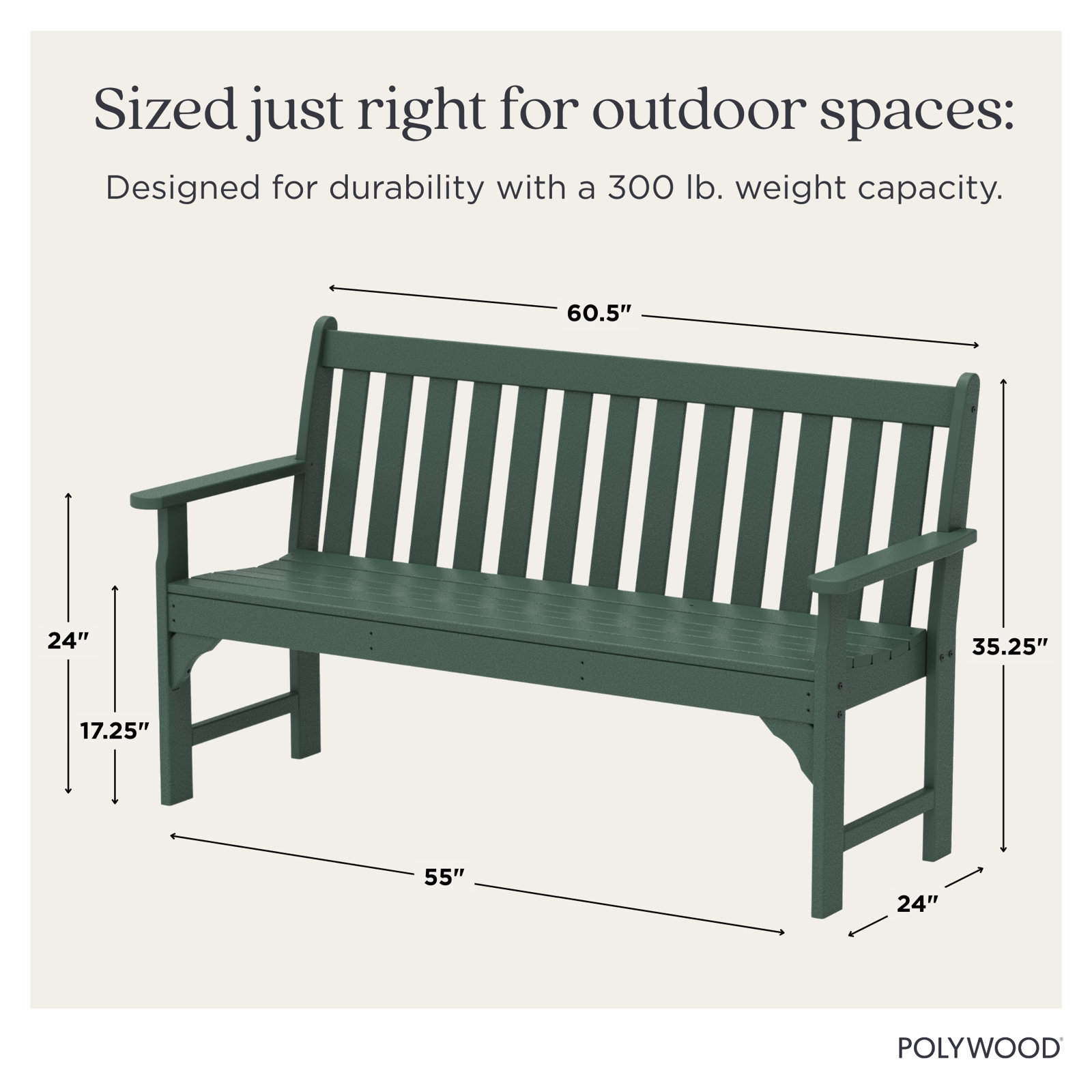 POLYWOOD Vineyard Patio Bench, 35.25" H x 60" W x 24" D, Green