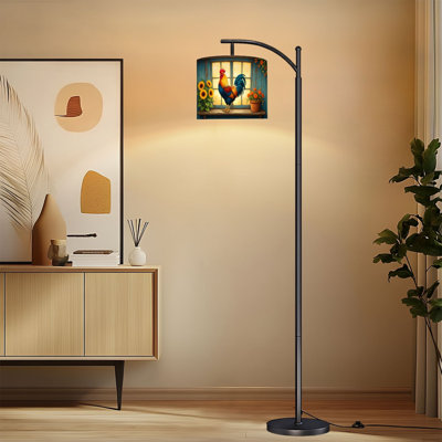 Arc Floor Lamp with Adjustable Lampshade Vibrant Rooster Rustic Window Sill Sunflowers Orange Flowers Standing Lamp 3 Color Temperatures Dimmable Tall Pole Lamp with Foot Switch for Bedroom