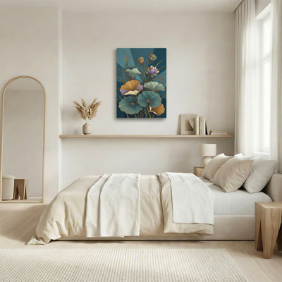 Art mural sur toile mauve et bleu sarcelle avec contour doré