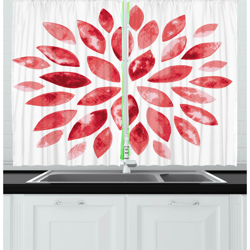 Ruby Red Floral Polyester Kitchen Curtain Pair