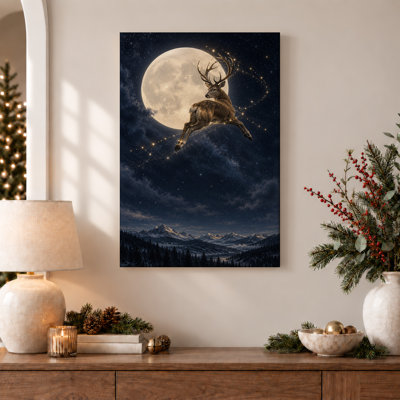 Leaping Stag With Glowing Antlers Against Full Christmas Canvas Wall Art