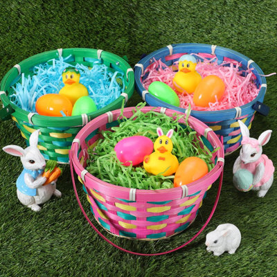 Panier à cadeaux vide en bambou tissé 3 paniers de Pâques avec poignée et broyeurs en papier pour la chasse aux œufs de Pâques, articles de fête pour enfants, garniture de bonbons et de cadeaux