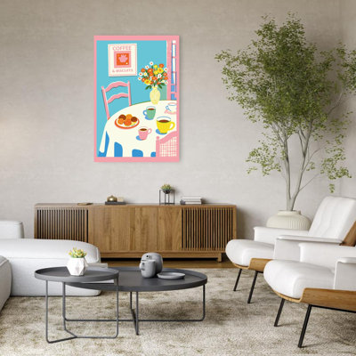 Petit-déjeuner café chaleureux, impression d'art mural contemporain coloré et vibrant représentant une architecture florale, représentant une fleur.