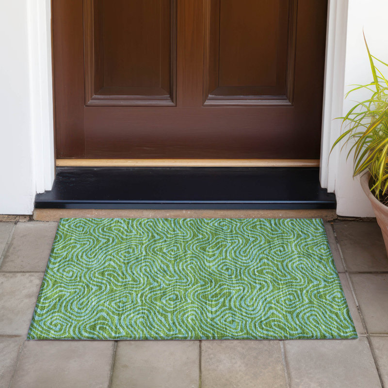 Green Swirl Pattern Washable Rectangular Synthetic Rug