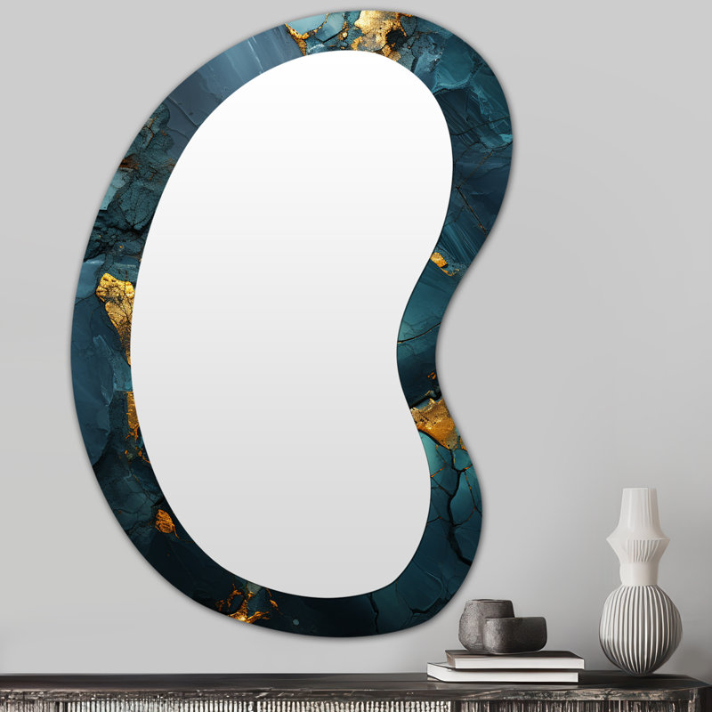 Ervisa Gold and Green Abstract marble Aura VI - Marble Asymmetrical Mirror, Gold Freeform Decorative Wall Mirror, Printed Metal Art