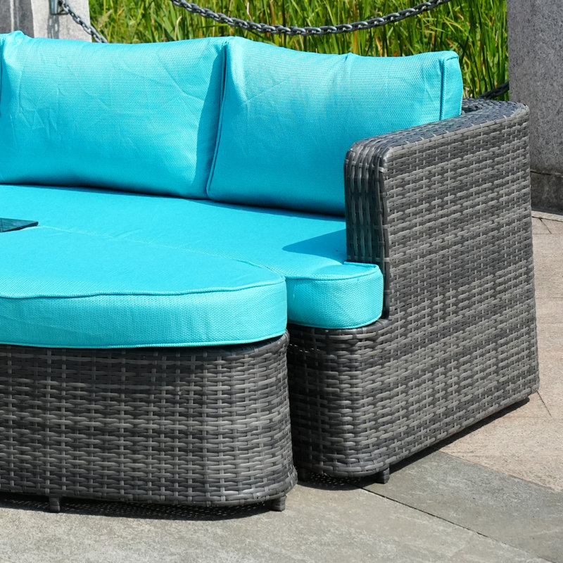 Lit de jour d'extérieur en osier avec coussins 88,98 po Anazco, Cyan, Gris
