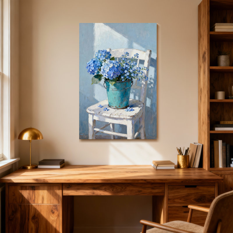 Plantes et fleurs Fleurs bleues dans un seau rustique sur une chaise, H 24 po x l 36 po