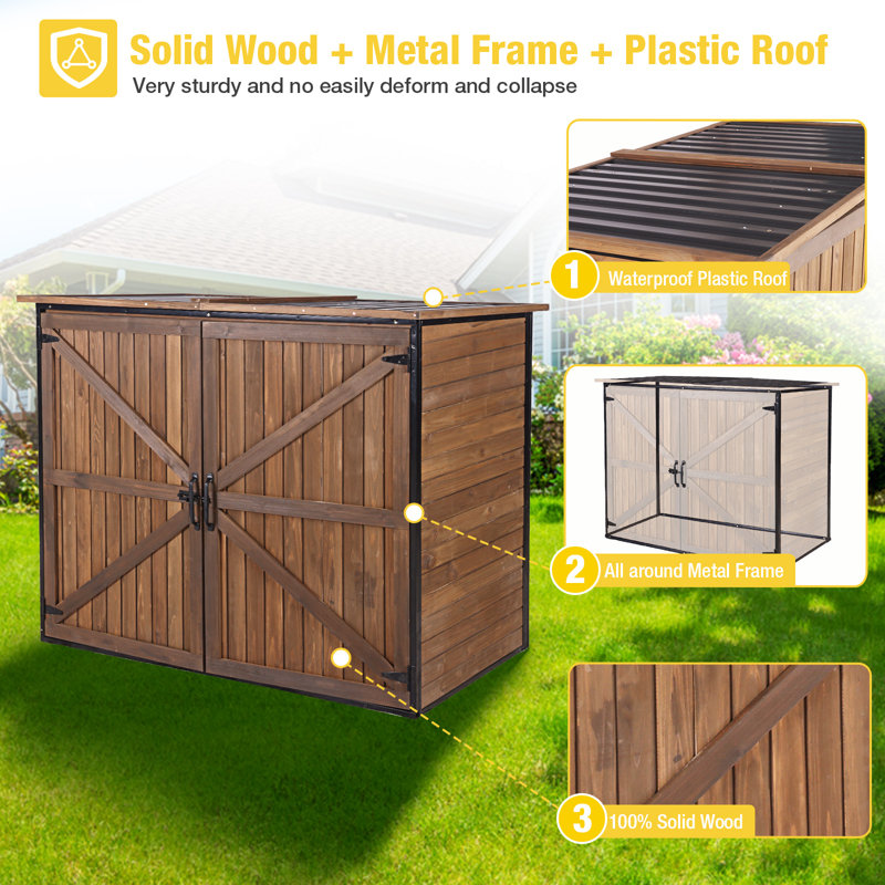 Outdoor Storage Cabinet Trash Can Storage Shed Upgraded With Metal Frame For Garbage Can, Gardening Tools And Accessories (brown)
