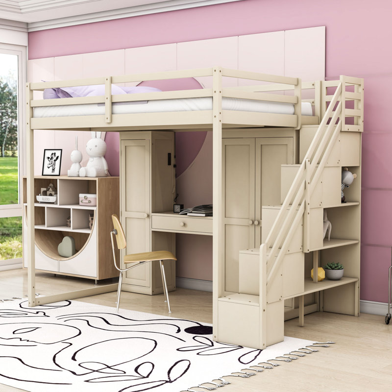 Harriet Bee Full Size Loft Bed with Desk and Staircase,Shelves ...