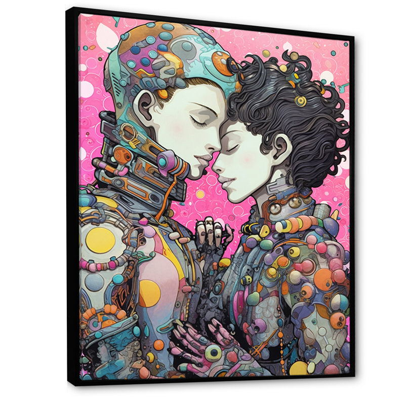 Charmants Robots célébrant l'amour rétro I - impression, H 44 po x l 34 po x P 1,5 po, Cadre flottant noir