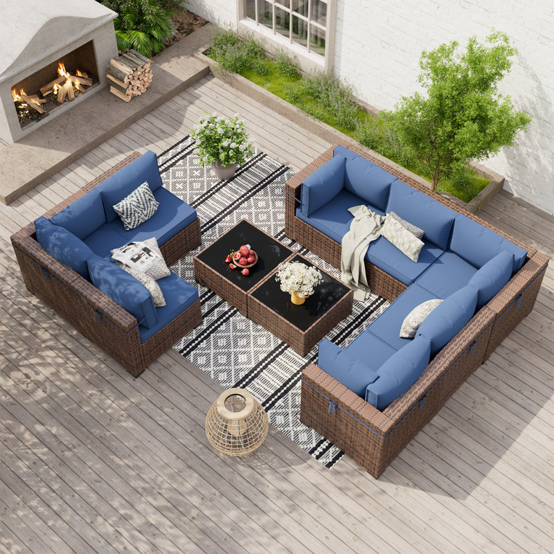 Mecayla Wicker 8 - Person Modular Patio Conversation Sets with Cushions, Blue