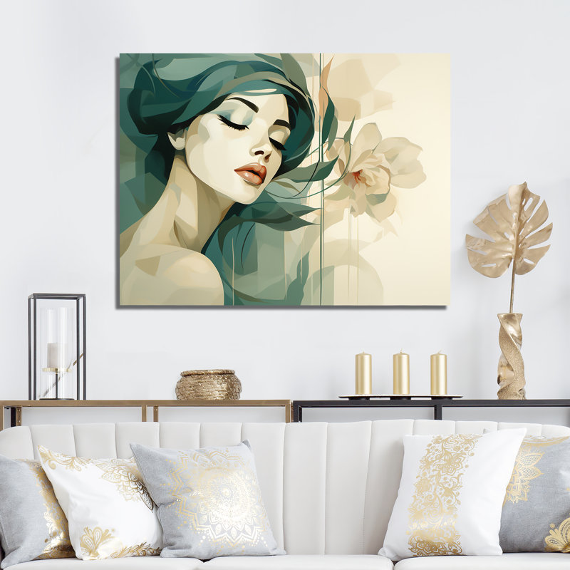 Silhouette de femme verte et beige I - art mural mode, Cadre d'angle fermé noir, H 34 po x l 44 po x P 1,5 po
