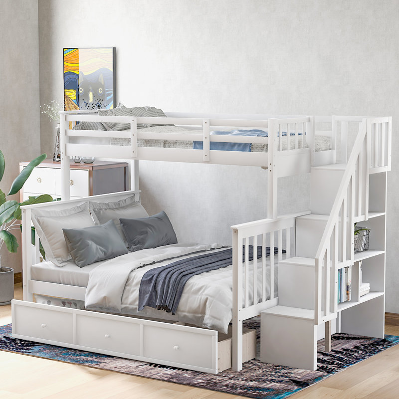 Lit superposé simple au-dessus de 3 tiroirs avec rangement pour escalier par Three Posts ™, Blanc