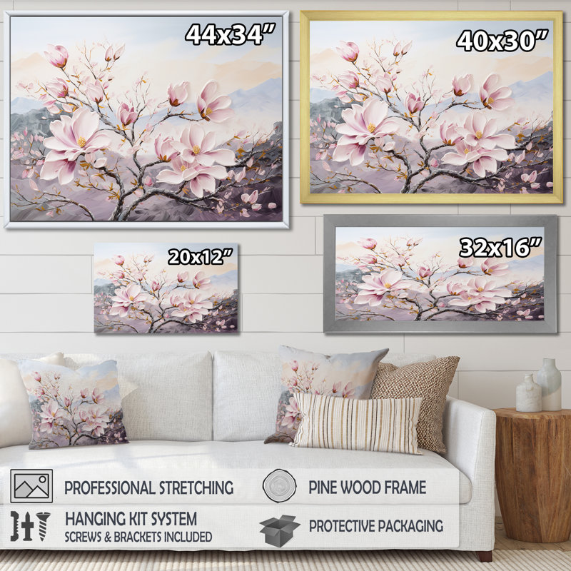 Fleurs de magnolia roses II sur toile, H 30 po x l 40 po x P 1,5 po, Cadre flottant blanc