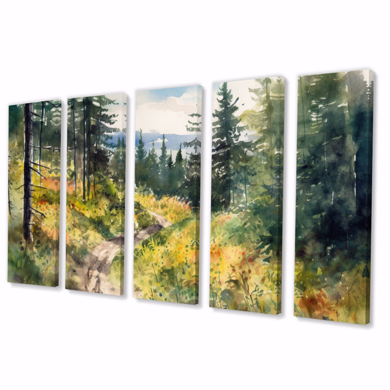 Petite route dans un paysage de montagne - art mural sur toile forêt - 5 panneaux égaux