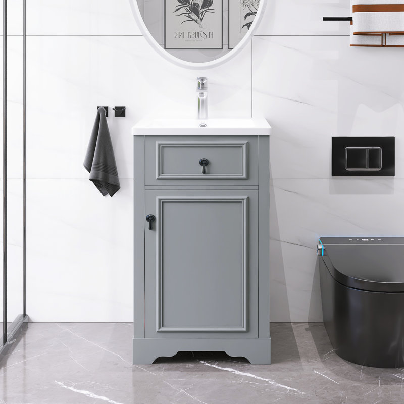 Petit meuble-lavabo autoportant moderne 20 "avec lavabo en céramique, Gris, Métal industriel