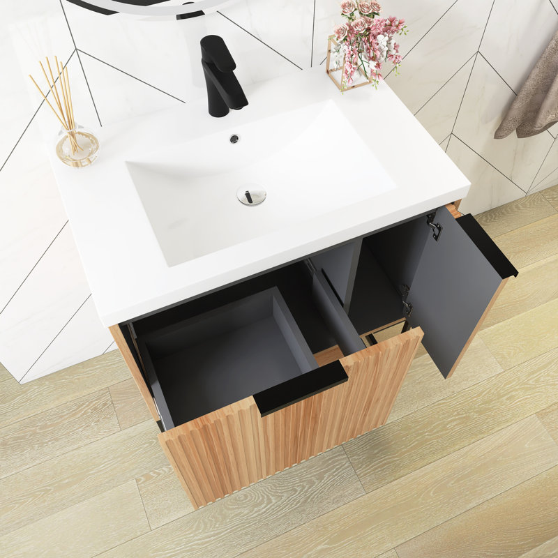 Meuble-lavabo autoportant de 30 po avec plateau en résine blanche, Noir, noir, noir, noir, Érable