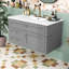 Meuble-lavabo mural flottant avec vasque en céramique, armoire murale avec 2 tiroirs de rangement-130144858