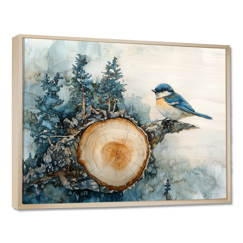 Oiseaux bleus et blancs sur une glissade en bois I - oiseau, art mural, H 24 po x l 32 po, Cadre flottant, Crème, crème