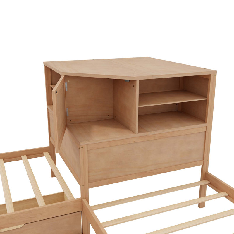 Structure de lit en forme de L avec lit gigogne et tiroir, lit plateforme en coin bas 3-en-1 avec bureau intégré et éclairage à DEL