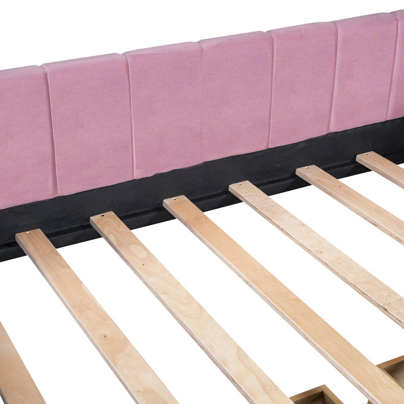 Lit de jour simple rembourré avec dossier ergonomique et 2 tiroirs, Rose