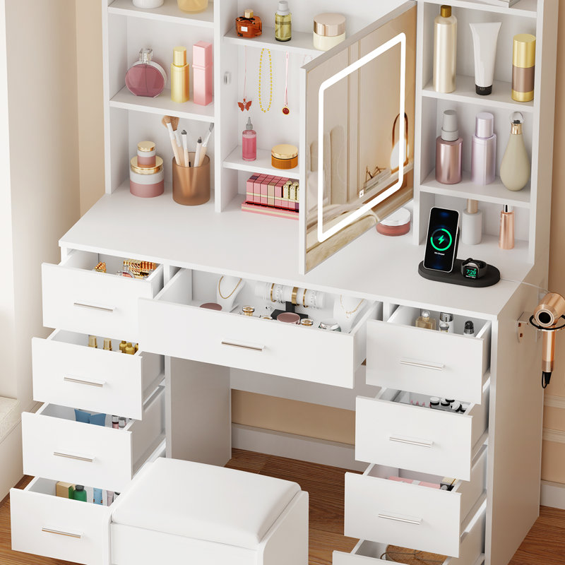 Adriel Vanity Desk With Mirror And Lights, Makeup Table With 9 Drawers, Power Outlet & Stool