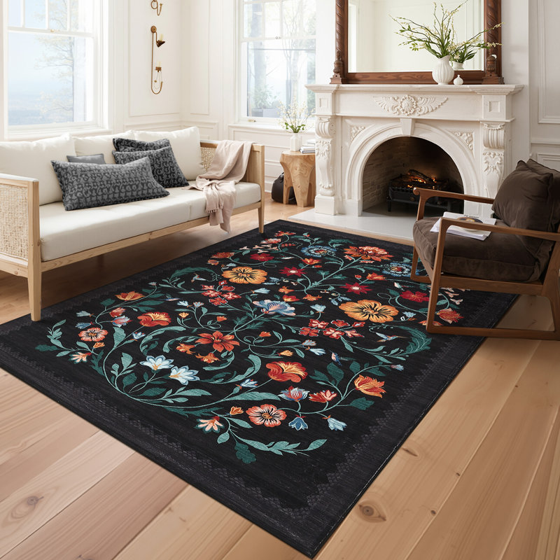 Floral Machine Washable Rug Non-Slip Farmhouse Floor Cover, Stain-Resistant Low Pile Indoor Carpet Mat for Living Room