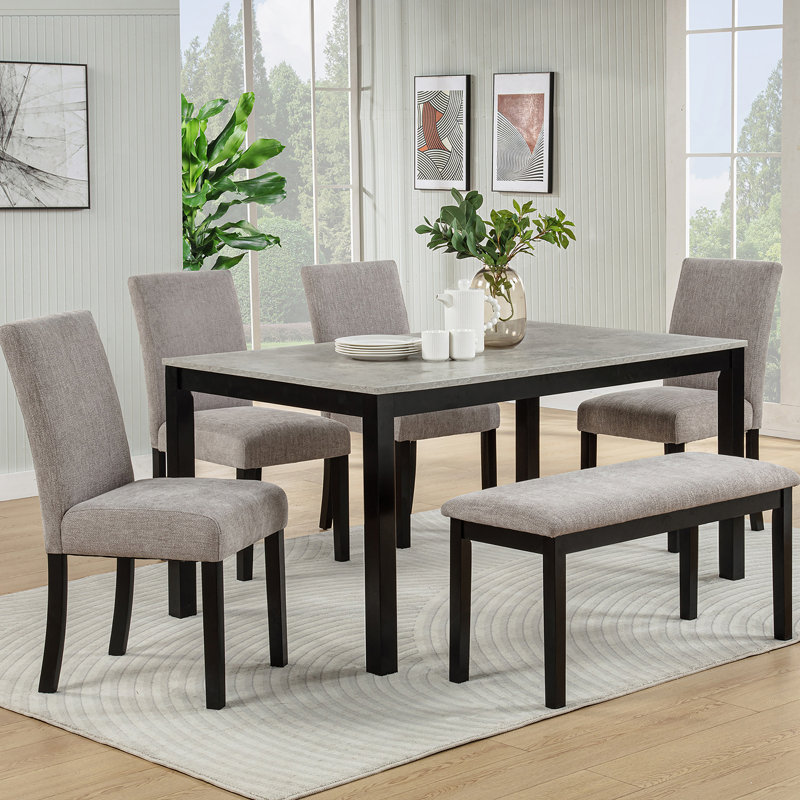 Ensemble de table de salle à manger 6 pièces, table de cuisine en bois avec 4 chaises rembourrées, 1 banc