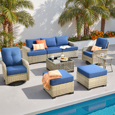 Ensemble de conversation modulaire d'extérieur en osier pour 7 personnes avec chaises pivotantes et coussins, ensemble de conversation pour patio avec table basse éclairée