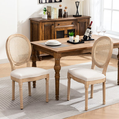Elegant Linen Fabric Seat Dining Chairs, Solid Wood Construction, Back, Antique Painted, Beige Cream Tone Stylish Back Seat, Color