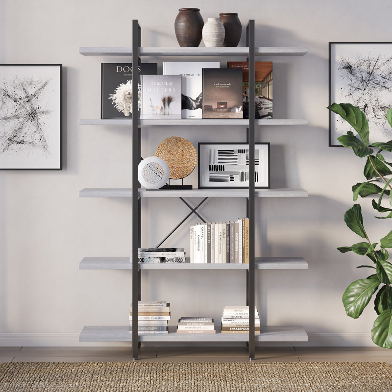 Metal  Etagere Bookcase, Stone Gray, (5 Shelves) 70" H x 47.3" W x 12.5" D