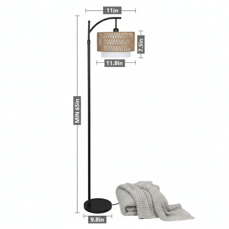 Arc Floor Lamp For Living Room With 3 Color Temperatures, Farmhouse Floor Lamps With Remote & Dimmable Bulb, Boho Standing Lamp With Rattan & Fabric Shades, Adjustable Tall Lamp For Bedroom, Office