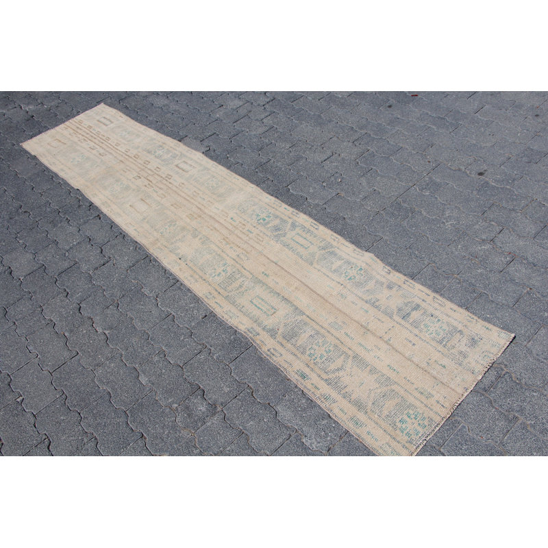 Tapis de couloir oriental vintage beige en laine avec motif patchwork pour escalier