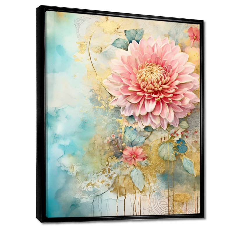 «Dahlia» en fleur, collage doré rétro - décoration murale Dahlia, Toile avec cadre flottant noir, H 20 po x l 12 po x P 1 po