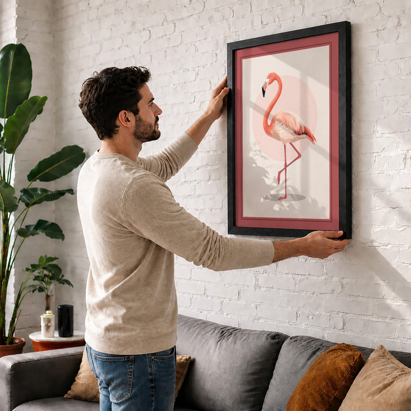 Flamingo and Friend Minimalist - Framed Print, A3 - 42.0 x 29.7 cm, Black