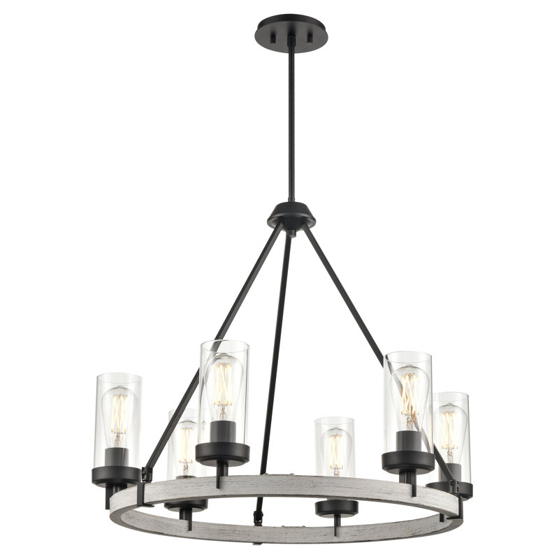 Lustre de roue de wagon unique 6 lumières avec accents de bois Apalachin, Graphite / bois de bouleau