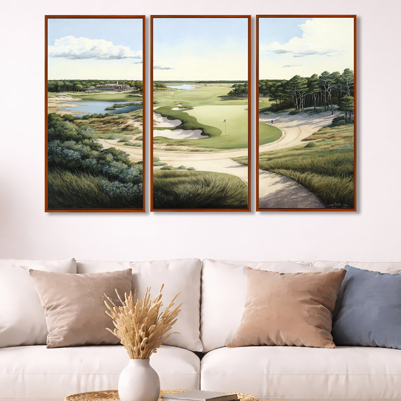 «Golf Course in The Summer», reproduction sur toile 3 pièces, H 32 po x l 48 po, Impression encadrée, Brun
