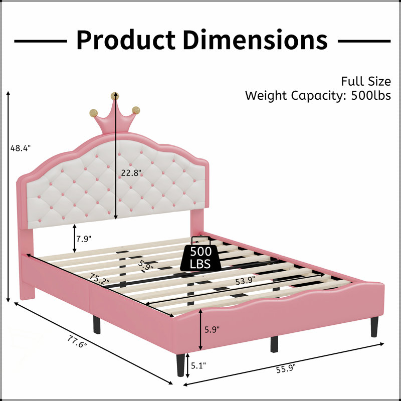 Full Size Lovely Crown Fantasy PU Leather Princess Bed With Tufted Headboard, Pink And Cream, Full