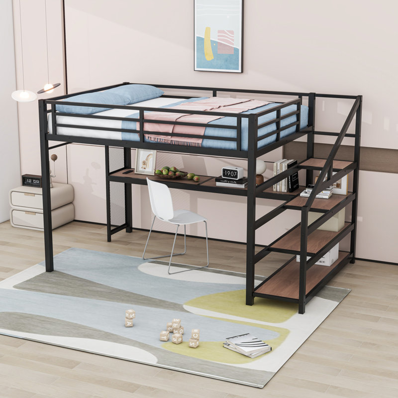 Lit mezzanine avec bureau et escalier de rangement, lumières DEL et ports USB, Grand