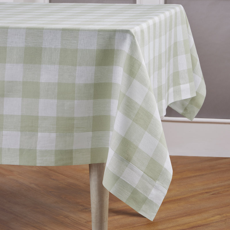 Buffalo Check - 100% Pure Linen Tablecloth, 132" L x 60" W, Sage/White, Checkered