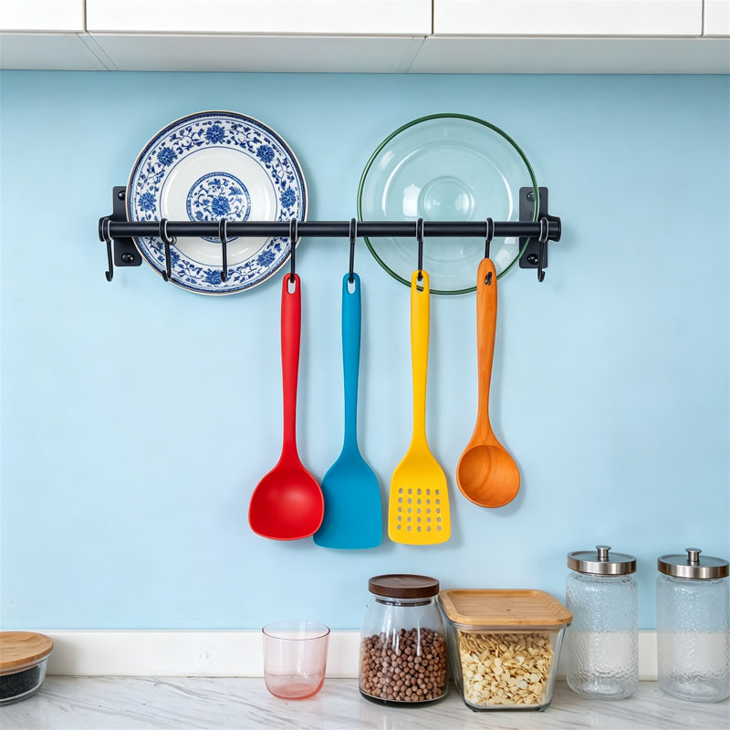 Support à casseroles double mural noir avec 8 crochets pour casseroles et ustensiles de cuisine
