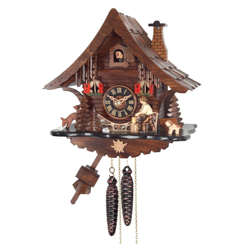  Horloge coucou One Day H 9,8 "homme coupant du bois avec des cerfs et des arbres sculptés à la main