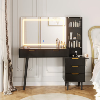 48" Makeup Vanity Desk with Fluted Design, 36" Oversized Lighted Mirror, Glass Top Vanity Table with Charging Station