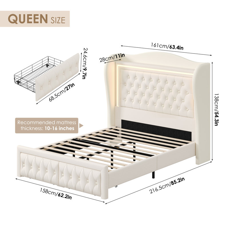 Kaliya Velvet Upholstered Platform Bed with LED Lighting and Storage Drawers, Queen, Cream