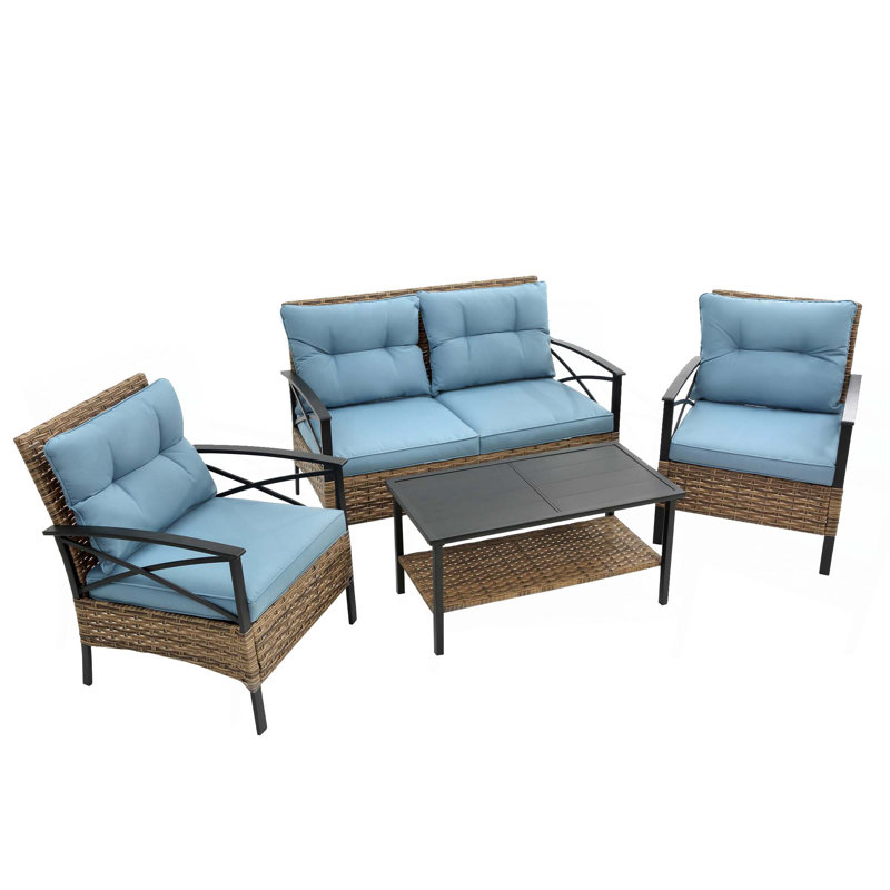Ensemble de conversation de patio modulaire 4 pièces avec ensemble de conversation en rotin et osier KD, Bleu