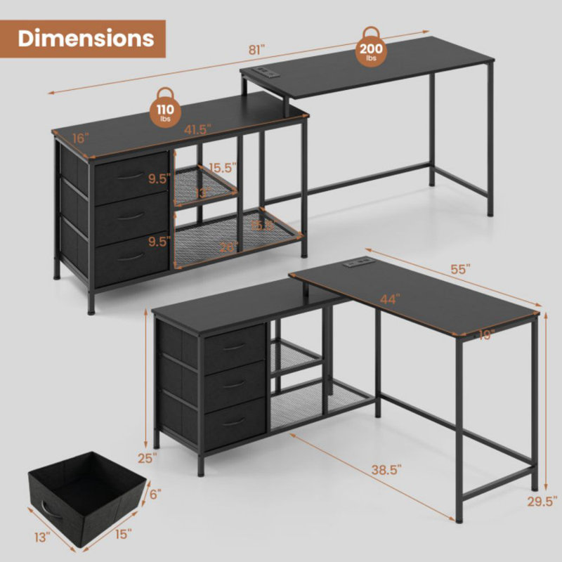 Bureau d'ordinateur en L avec prise de courant pour travailler, Noir