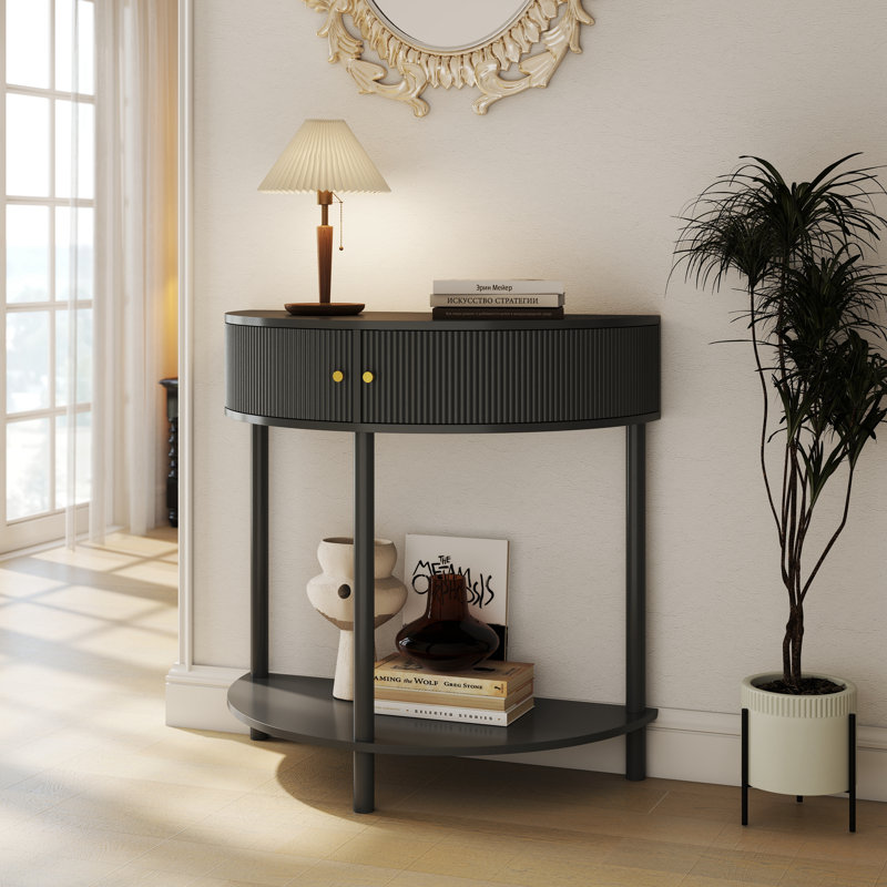 Table de bout avec demi-lune de conception artisanale en demi-lune avec 2 tiroirs de rangement et une tablette inférieure pour le salon